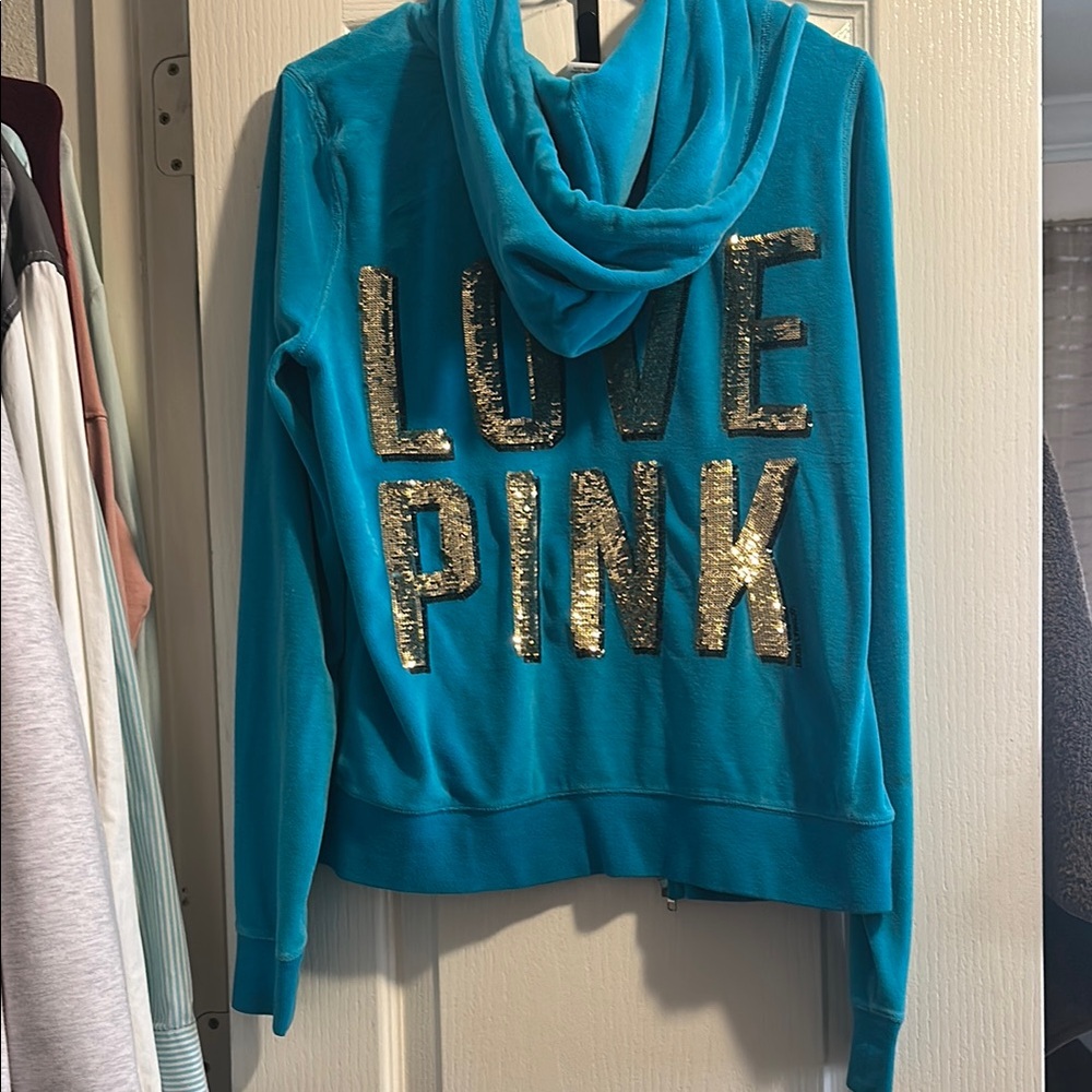 Victoria's Secret Pink Teal Hoodie with Gold Sequins